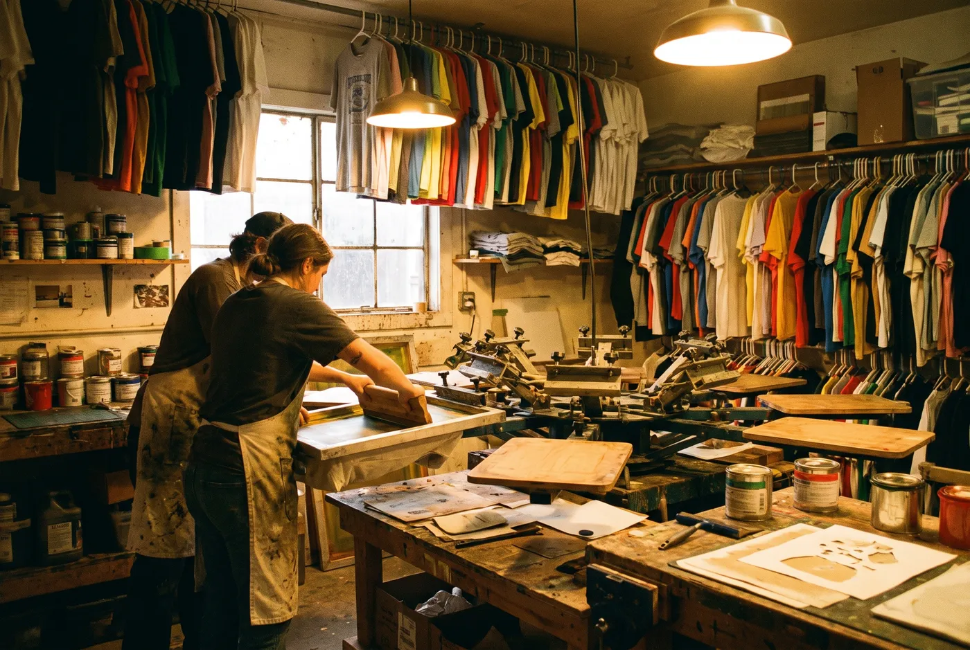 DDESIGNS artisans at work around the screen printing carousel in the Springfield shop