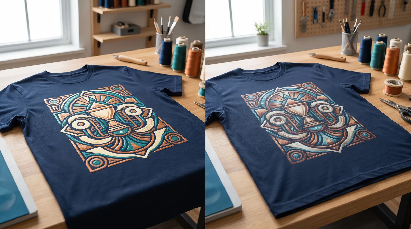 Side-by-side comparison of DTF printing and screen printing on custom t-shirts at DDESIGNS in Springfield, MO