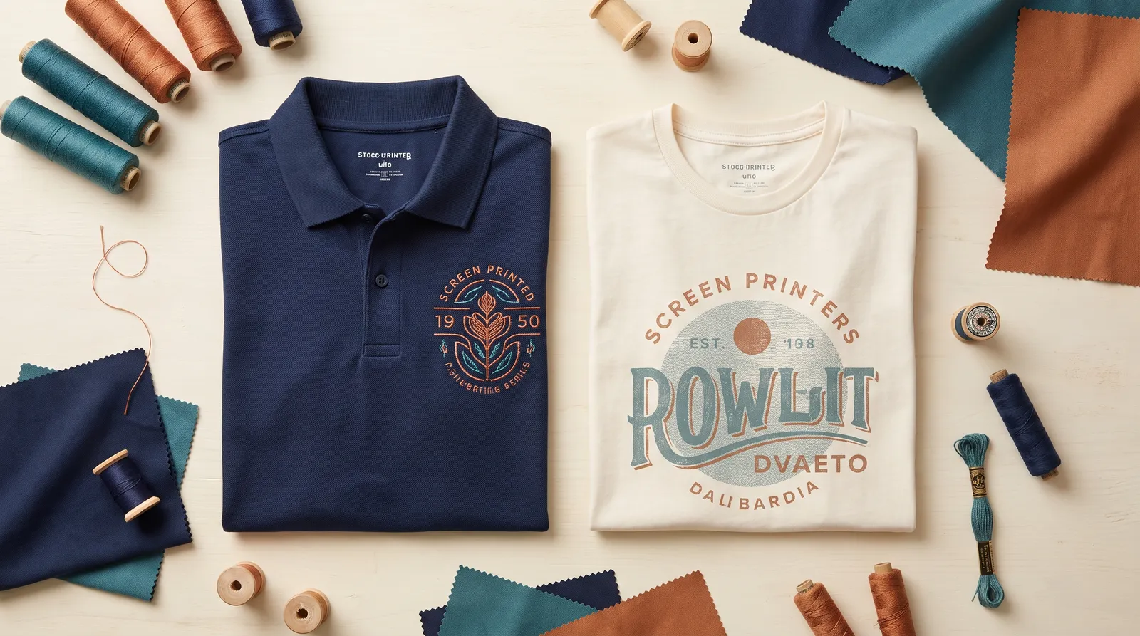 Comparison of embroidered polo and screen printed t-shirt showing the difference between embroidery vs screen printing at DDESIGNS