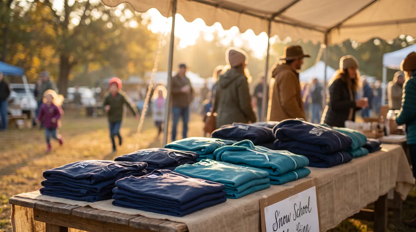 Folded spirit-wear shirts and hoodies on a fundraiser table at a warm community event