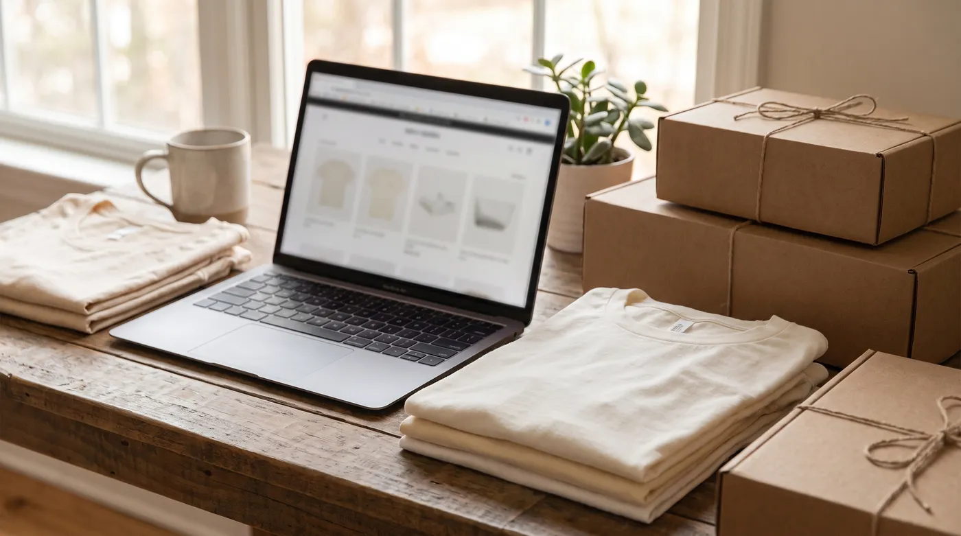 A laptop displaying an online apparel storefront next to folded custom shirts and shipping boxes