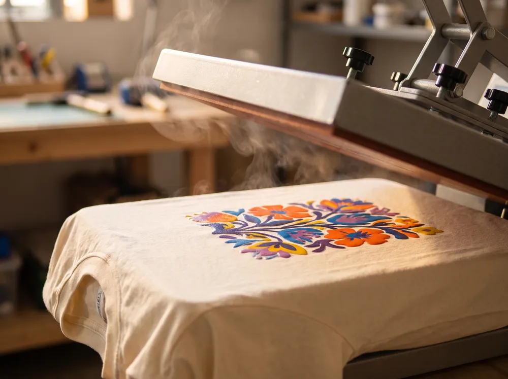 A heat press lifting to reveal a vibrant full-color print on an ivory t-shirt at DDESIGNS
