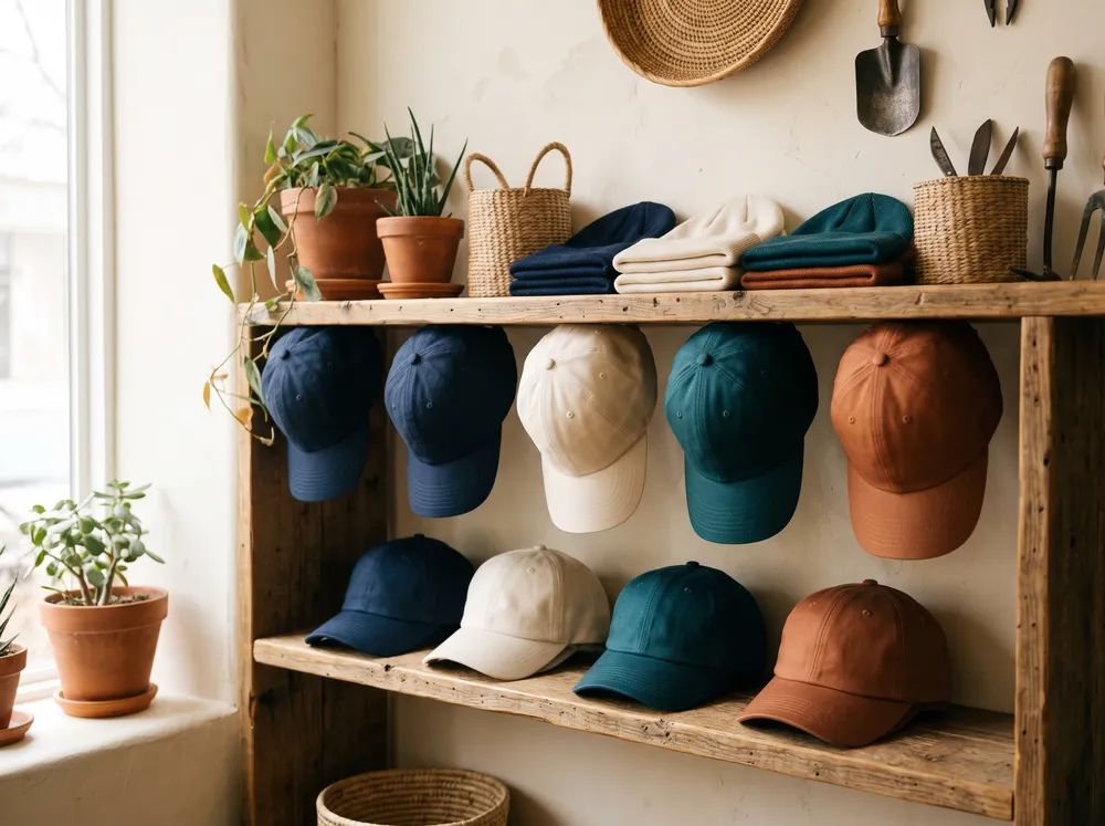 Custom caps and beanies in navy, ivory, teal, and copper on a wooden shelf at DDESIGNS