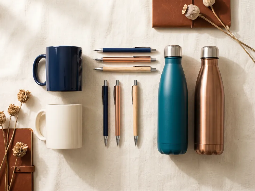 Branded ceramic mugs, pens, and water bottles arranged on ivory linen at DDESIGNS