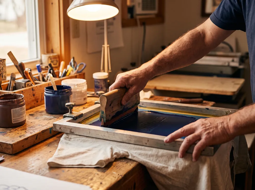 A DDESIGNS printer pulling a squeegee of navy ink across a silk screen