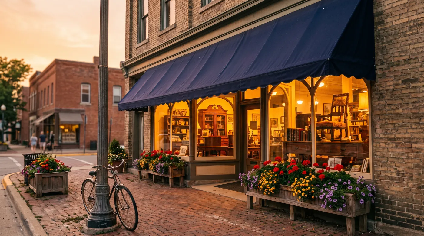 A warm brick storefront on a Springfield main street at golden hour